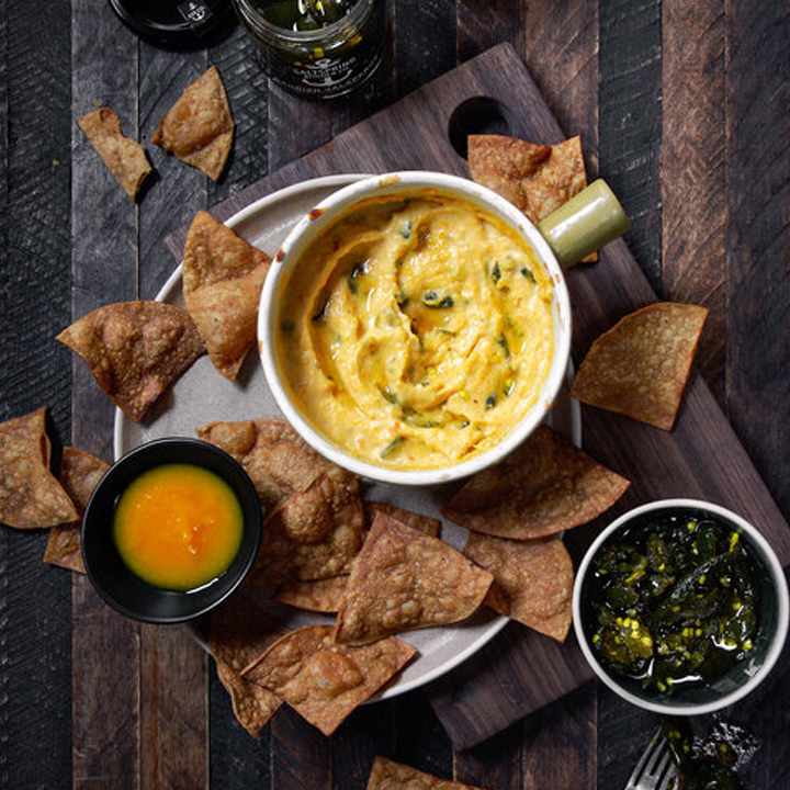 Sweet & Spicy Baked Queso w/ Easy Homemade Tortilla Chips