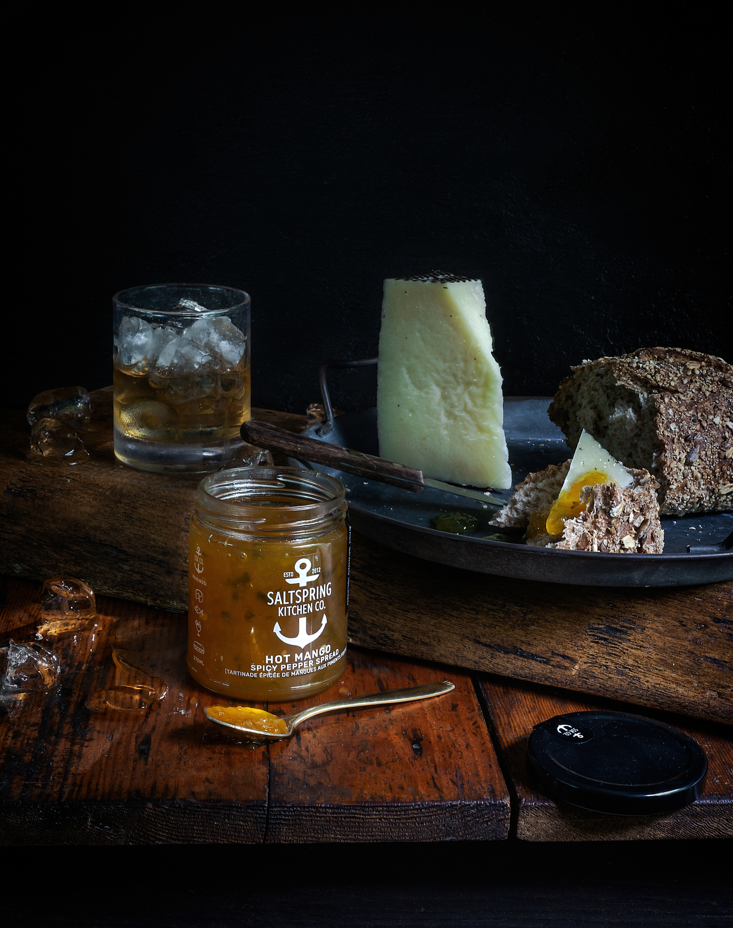 Salt Spring Kitchen Company Hot Mango Spicy Pepper Spread with Whiskey and Cheese