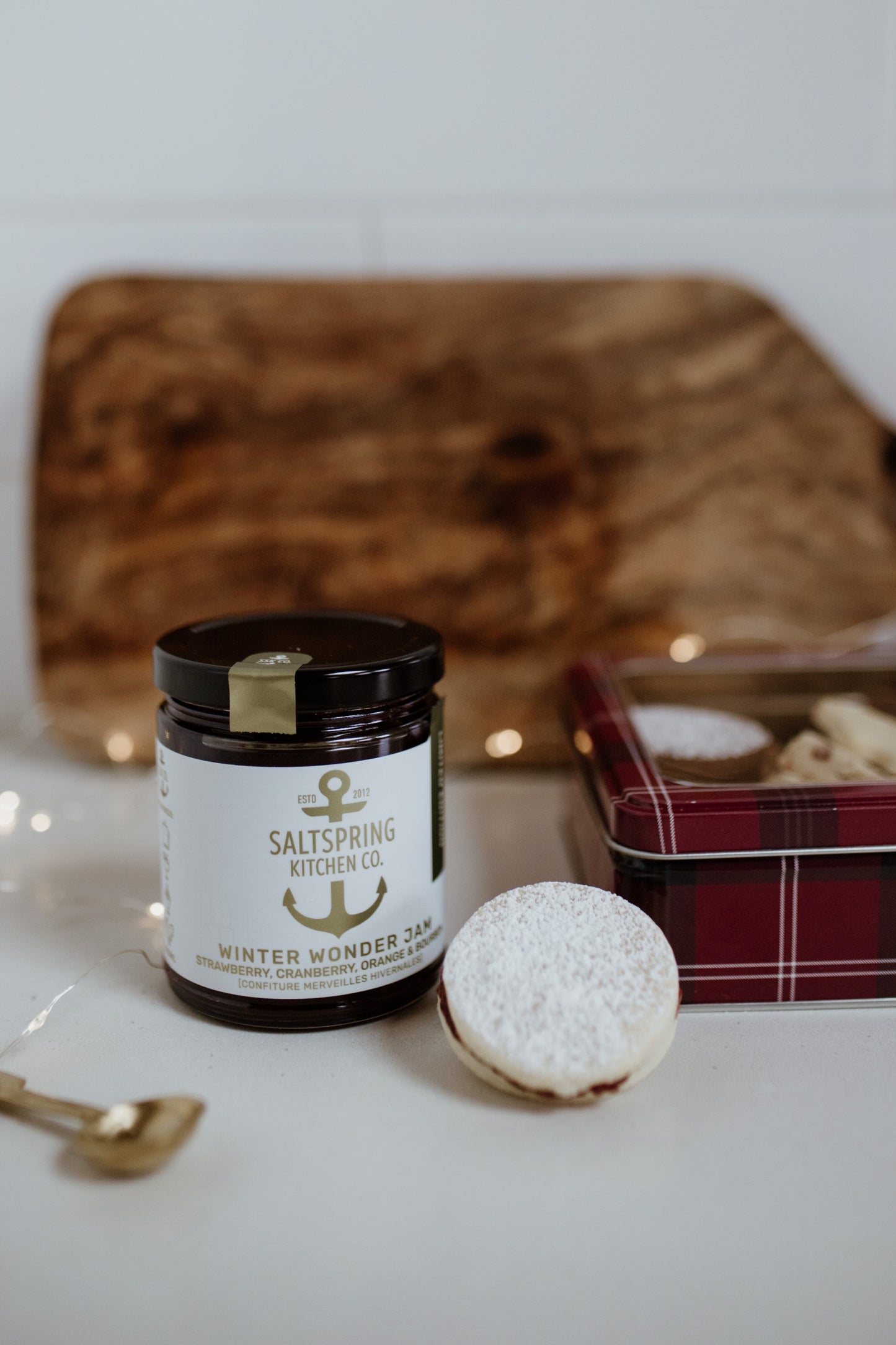 Salt Spring Kitchen Company Winter Wonder Jam with Salt Spring Cookie Company stuffed cookie and tin