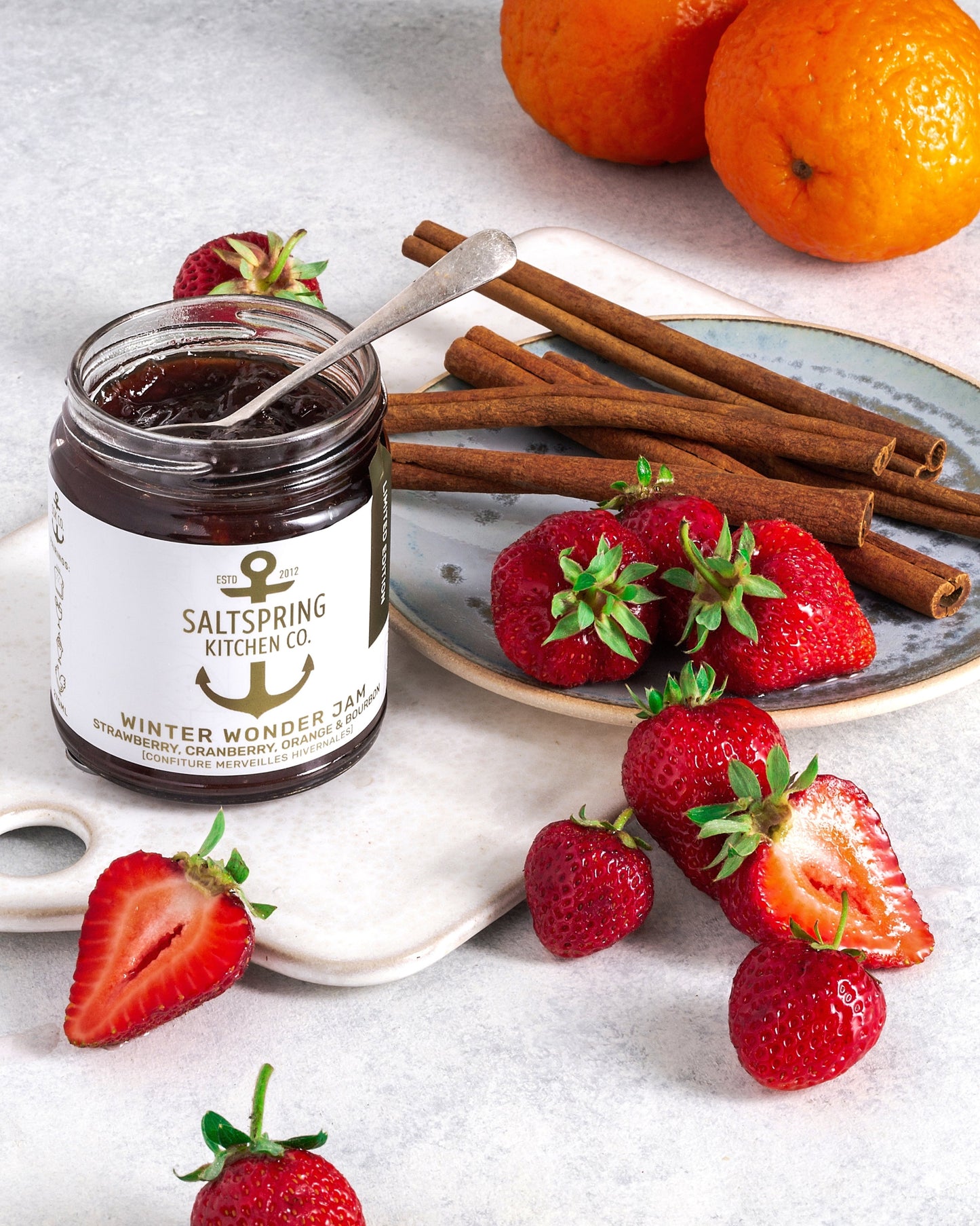 Salt Spring Kitchen Company Winter Wonderjam with strawberries and cinnamon sticks
