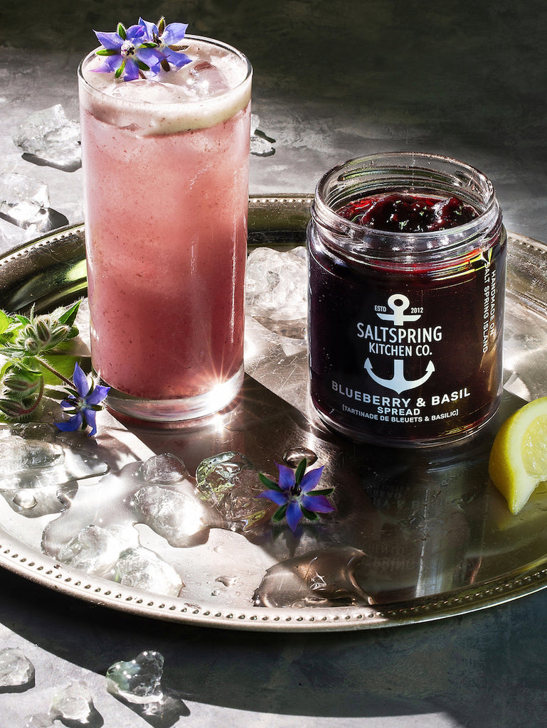 Salt Spring Kitchen Company Blueberry Gin Fizz on a tray with Blueberry and Basil Spread