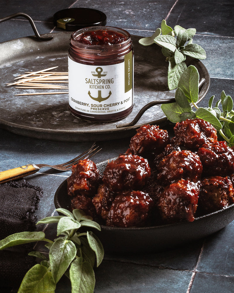 Salt Spring Kitchen Company Cranberry, Sour Cherry and Port Preserves with turkey meatballs on a serving platter