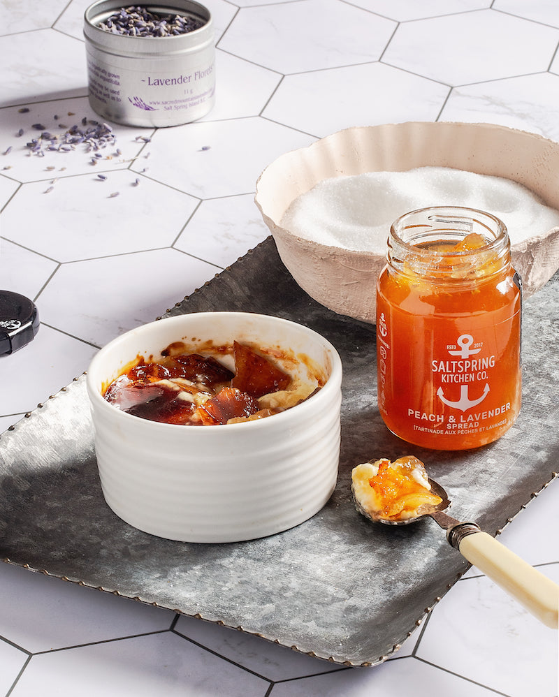 Salt Spring Kitchen Company Peach & Lavender Spread jar with Creme Brulee in a dish