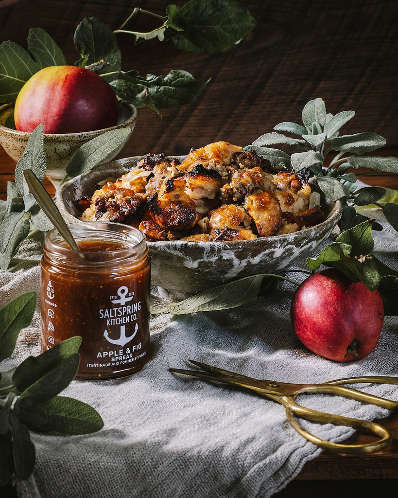 SaltSpring Kitchen Company Stuffing in a bowl with a jar of Apple and Fig on the table