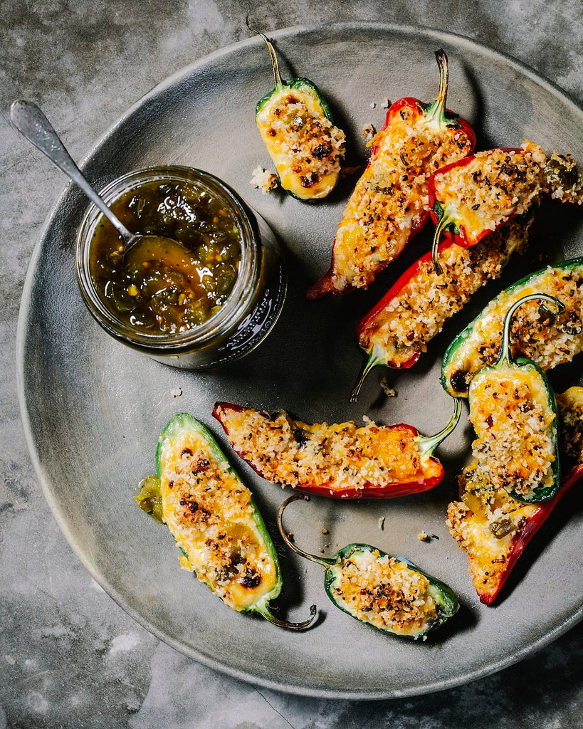 SaltSpring Kitchen Company Jalapeno Poppers with a jar of Candied Jalapeño Relish