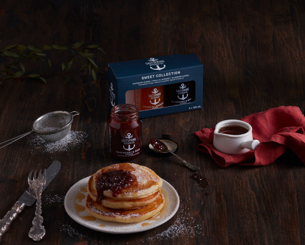 SaltSpring Kitchen Company Sweet Collection with Raspberry and Rose Fruit Spread on pancakes