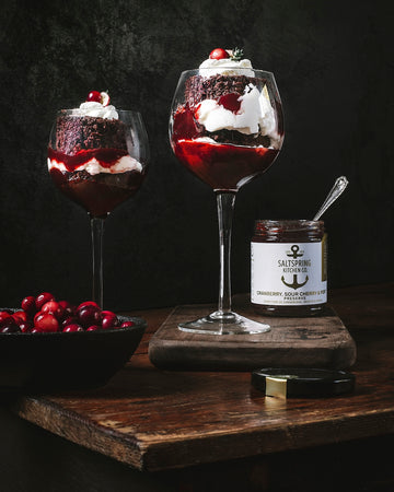 SaltSpring Kitchen Co Cranberry Sour Cherry and Port Preserve Trifle in glasses