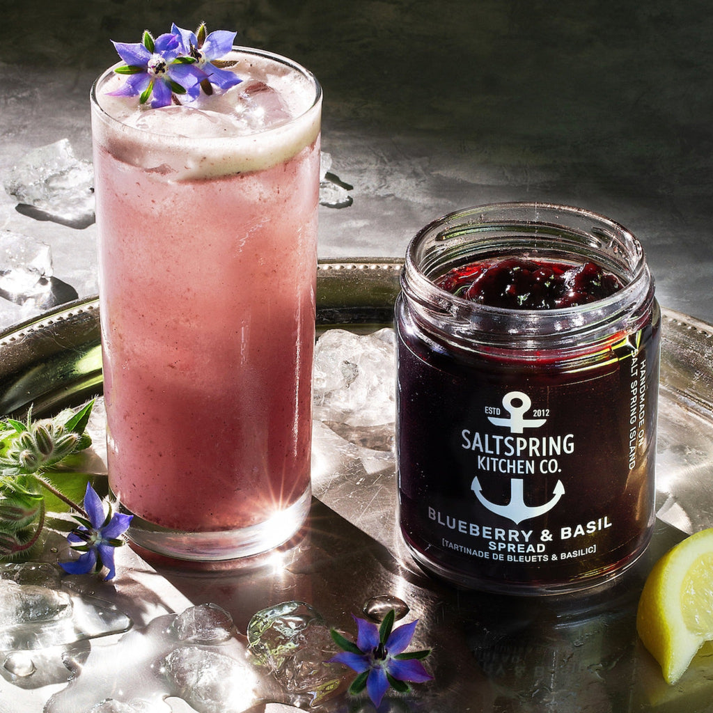 Salt Spring Kitchen Company Blueberry Gin Fizz on a tray with Blueberry and Basil Spread