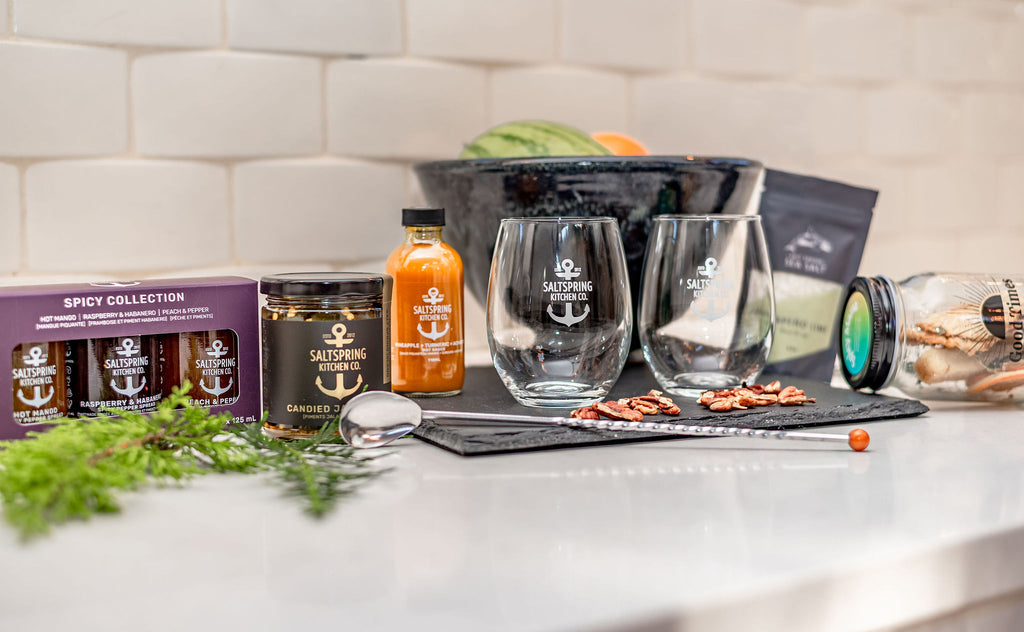 Salt Spring Kitchen Company Happy Hour Gourmet Gift Box inclusions with glassware jams and hot sauce
