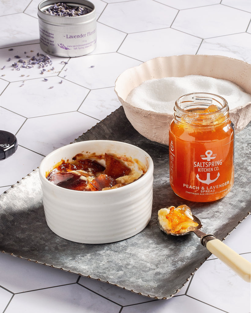 Salt Spring Kitchen Company Peach & Lavender Spread jar with Creme Brulee in a dish