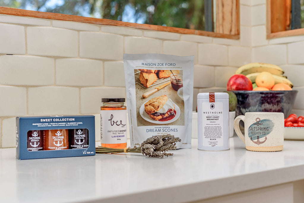 Salt Spring Kitchen Company Themed Gift Box Slow Mornings with tea, sweet collection, scone mix and honey on the counter