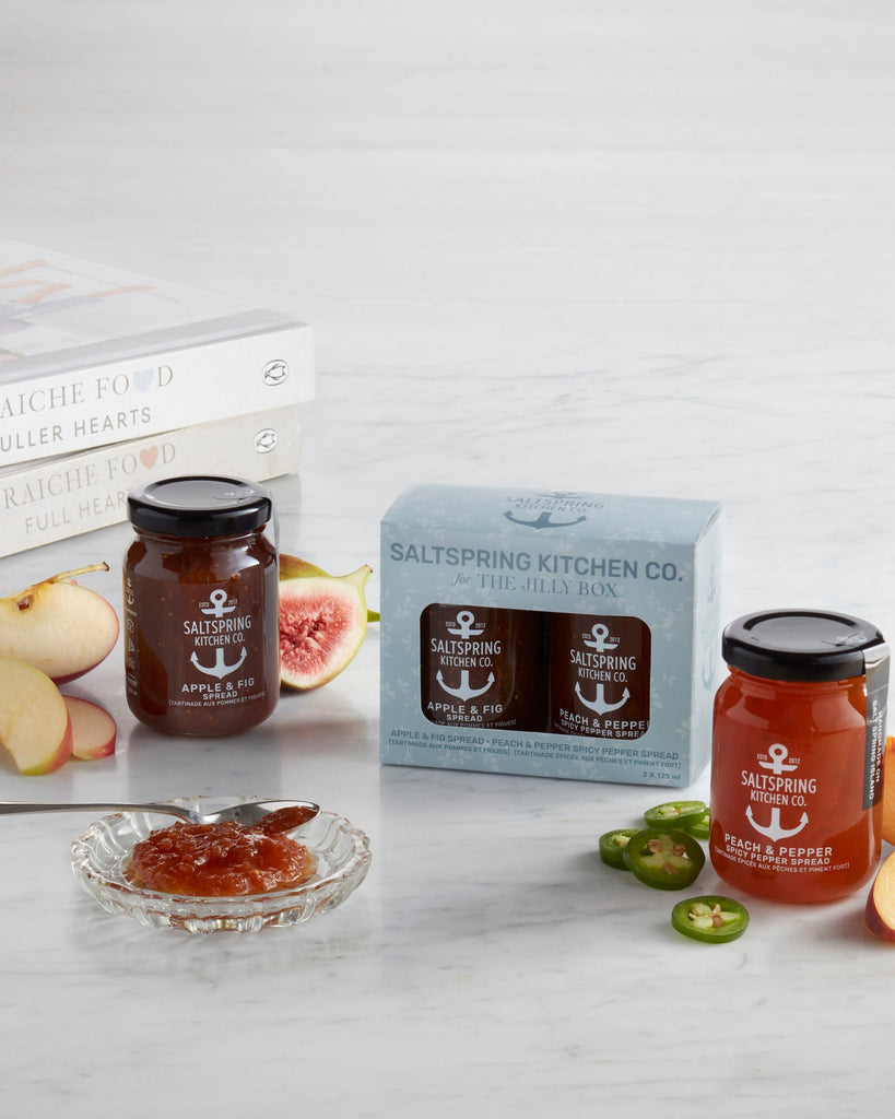 SaltSpring Kitchen Company and The Jilly Box duo with Apple and Fig Spread in a dish with ingredients
