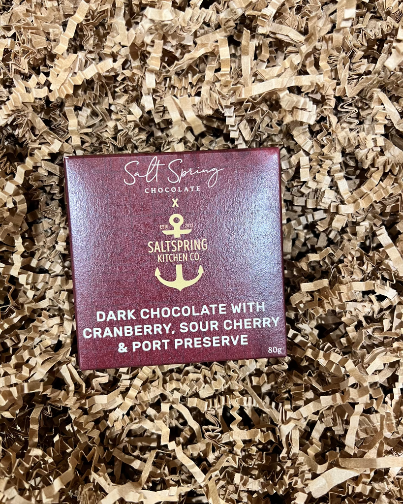SaltSpring Kitchen Company Dark Chocolate Bar with Cranberry Sour Cherry and Port Preserve in a gift box