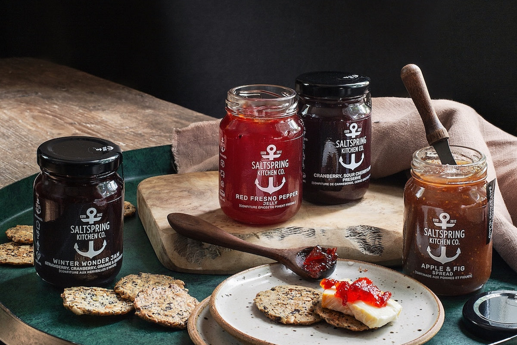 SaltSpring Kitchen Company Winter Collection Gift Box jars with cheese and crackers on a plate