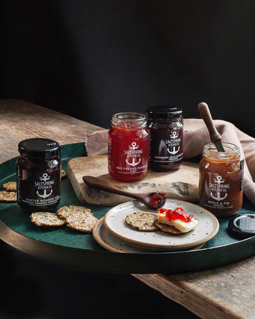 Saltspring Kitchen Company Winter Mini Jars on a plate with crackers and cheese