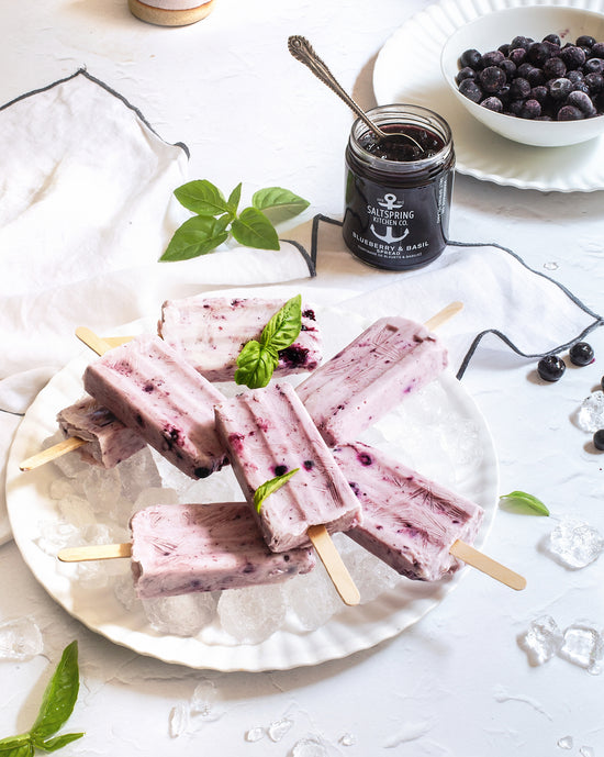 Saltspring Kitchen Company - Recipes, Jamsicles on a plate with Blueberry Basil Preserves