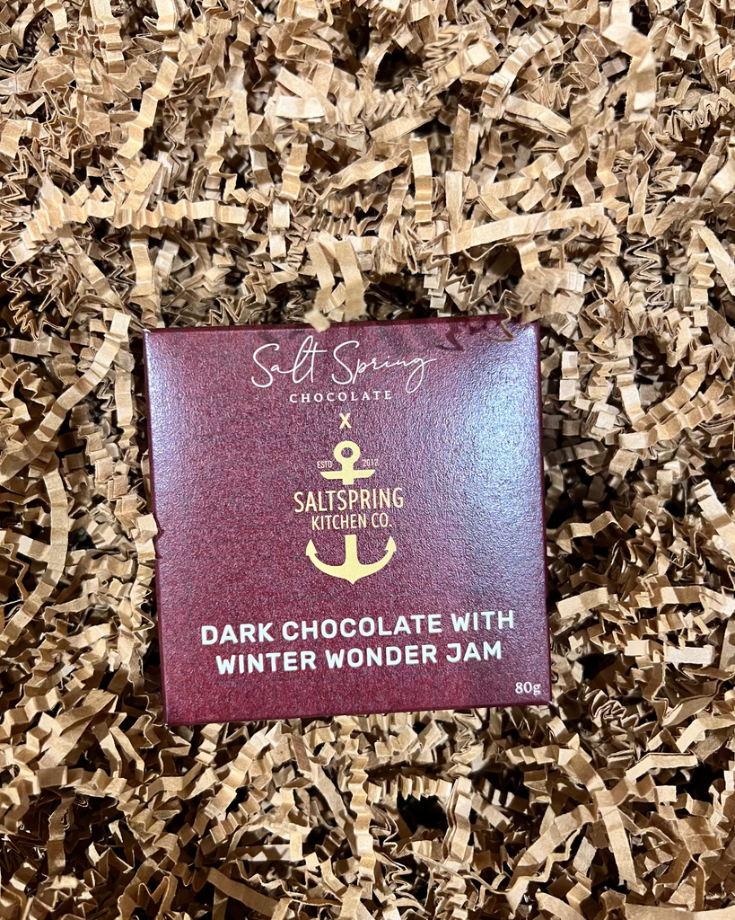 Winter Wonder Jam Dark Chocolate chocolate bar by Salt Spring Chocolate and SaltSpring Kitchen Co in a gift box