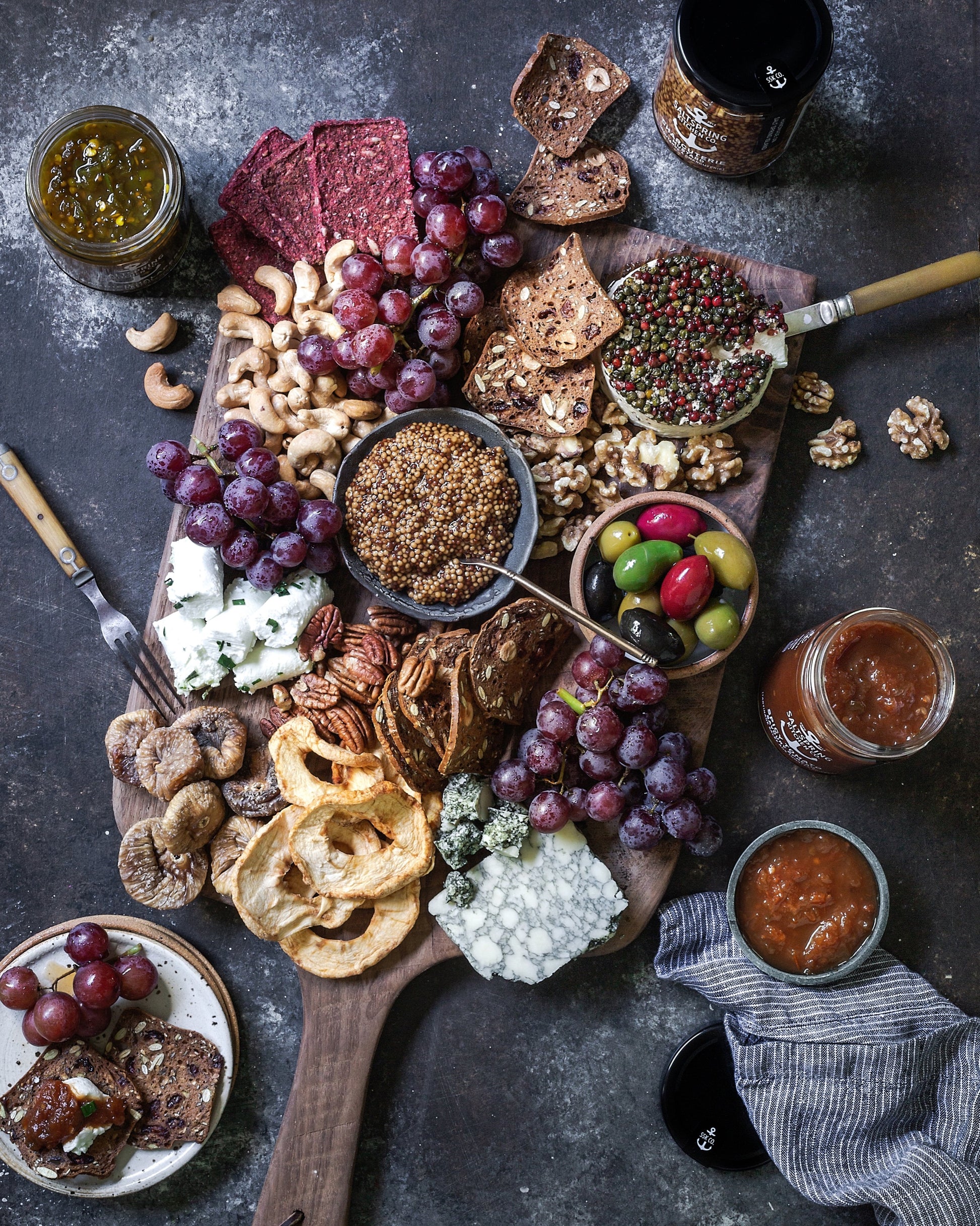 Salt Spring Kitchen Company Burger Trio Collection with Cheese Board on walnut board