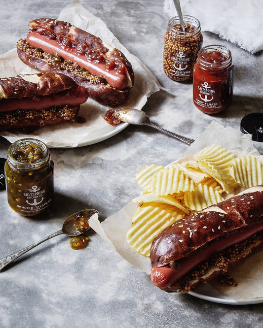 Salt Spring Kitchen Company Candied Jalapeño Relish with hot dogs
