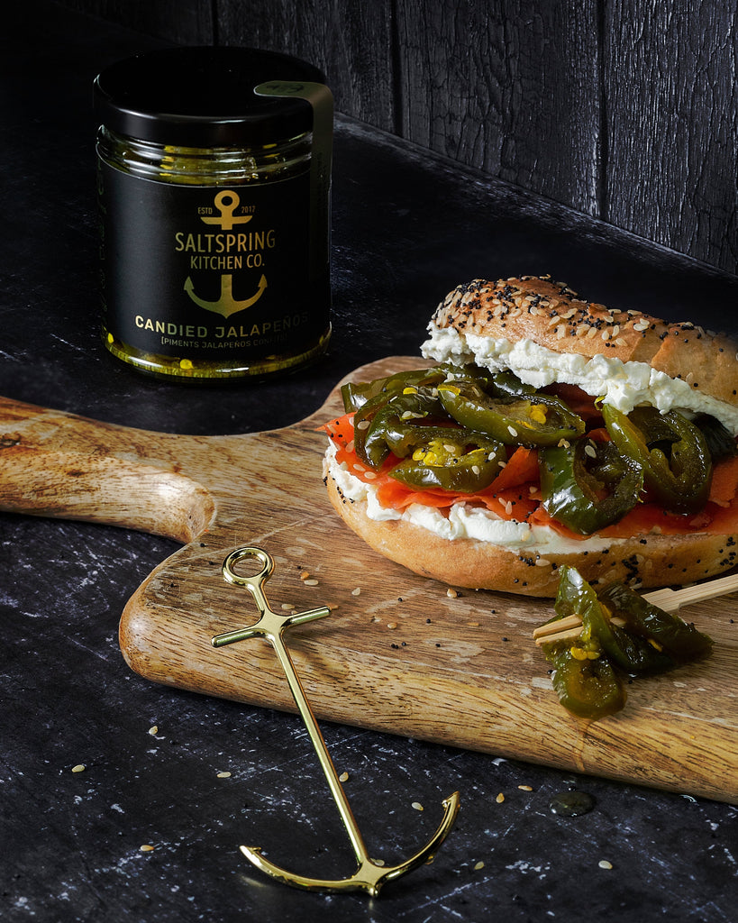 Salt Spring Kitchen Company Candied Jalapeños on a bagel