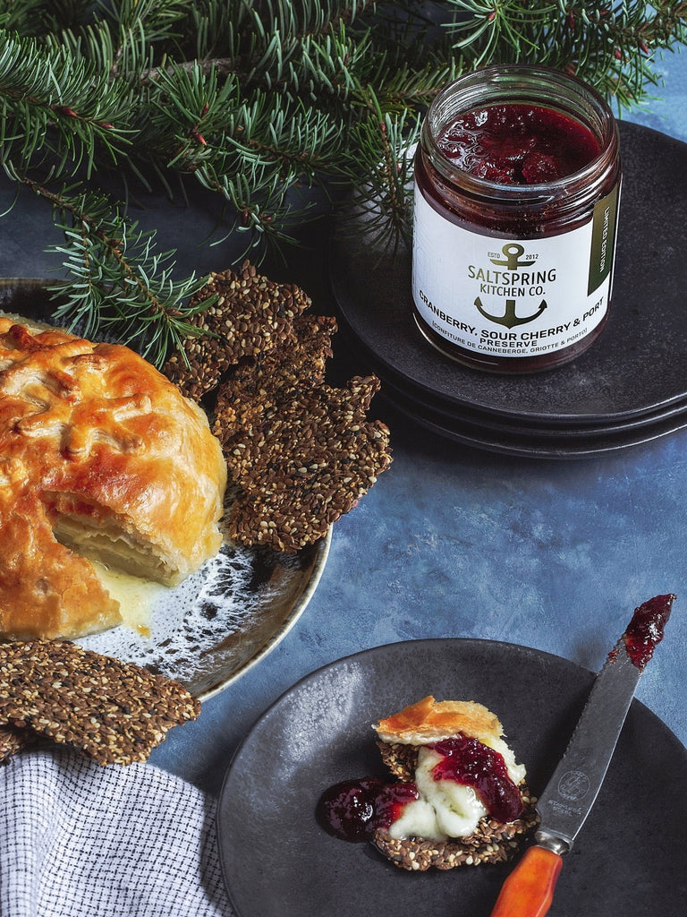 Salt Spring Kitchen Company Cranberry Sour Cherry and Port Preserve with baked brie