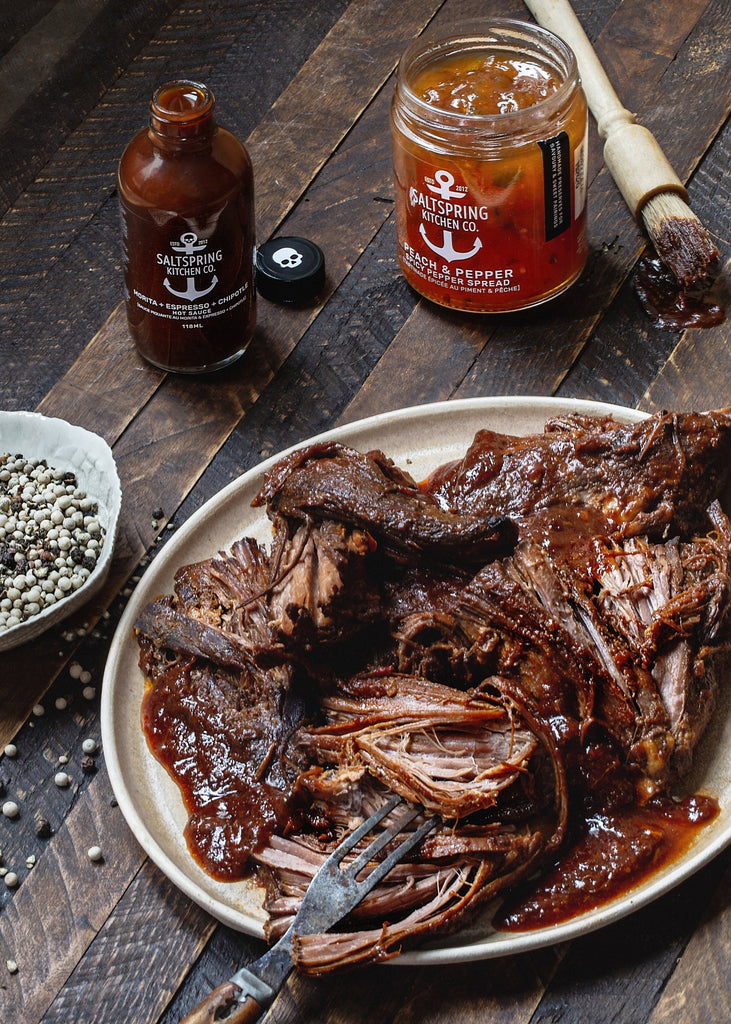 Salt Spring Kitchen Company Morita + Espresso + Chipotle Hot Sauce with Peach and Pepper Spicy Pepper Spread and Brisket