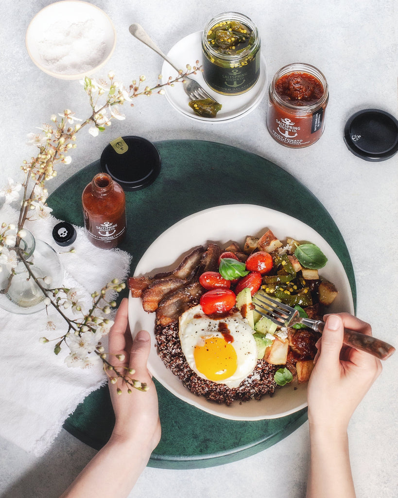 Salt Spring Kitchen Company Morita + Espresso + Chipotle Hot Sauce with breakfast bowl