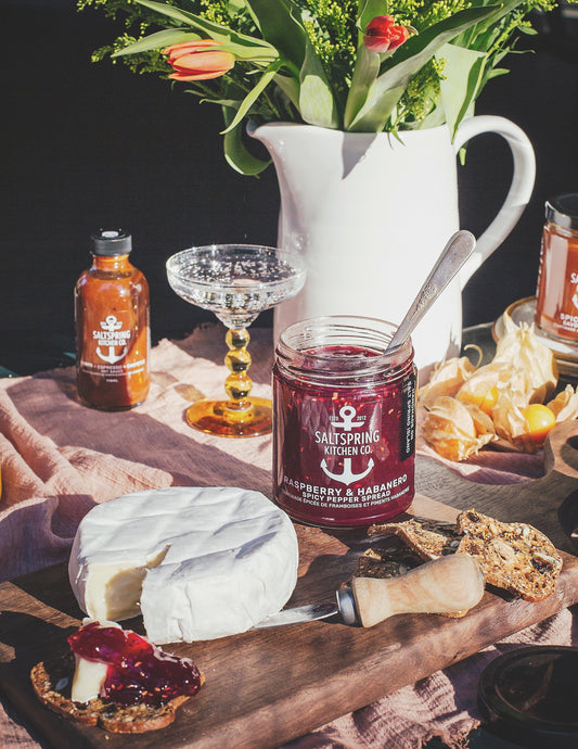 Salt Spring Kitchen Company Raspberry Habanero Spicy Pepper Spread with cheese spread